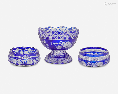 Three Continental cobalt blue cut glass table items