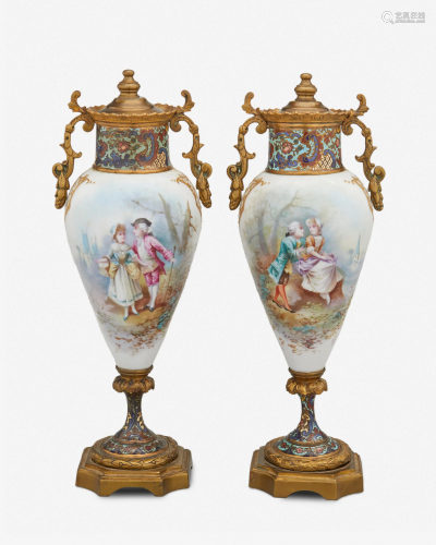 A pair of French Sevres-style porcelain and champleve