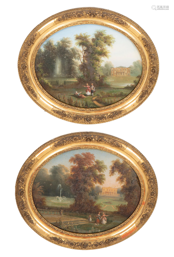 A pair of giltwood-framed reverse-painted glass panels