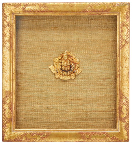 A framed 14K gold Chinese medallion of a Buddhist