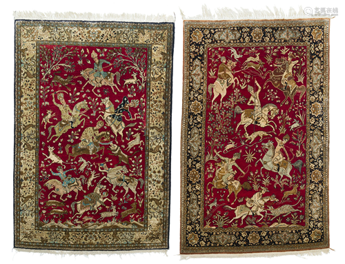 A pair of Persian Qum hanging rugs