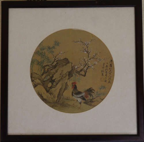 张熊吉祥公鸡图（lot201-223为同一藏家）泥金绢本团扇镜框