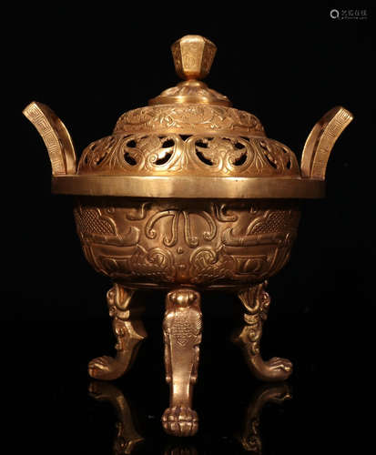 GILT BRONZE CAST TRIPOD CENSER