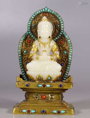 GILT BRONZE&JADE&GEM DECORATED BUDDHA STATUE