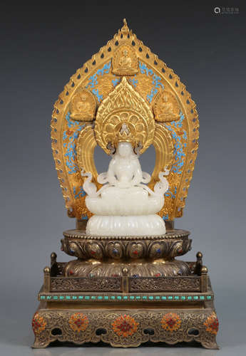 HETIAN JADE & GILT SILVER BUDDHA STATUE