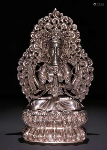 SILVER CAST GUANYIN BUDDHA STATUE