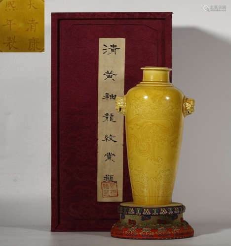 KANGXI MARK YELLOW GLAZE DRAGON VASE