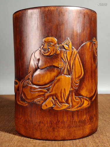 BAMBOO BUDDHA PATTERN BRUSH POT