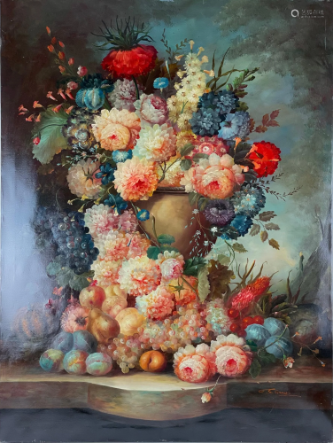 An Oil on Canvas Still of Colorful Flowers