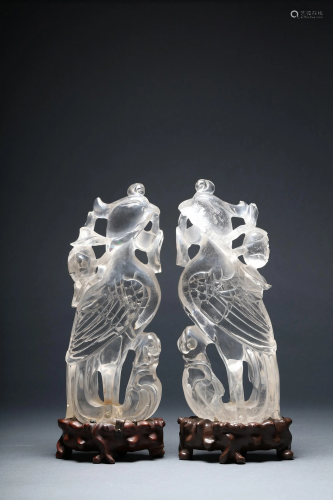 A Pair of Carved Crystal Phoenix Figures
