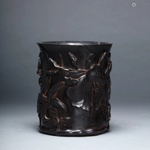 A Carved Floral Sandalwood Brush Pot Bitong