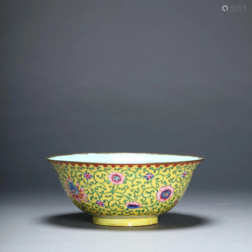 A Yellow Ground Enamel Bowl with Peaches and Bat