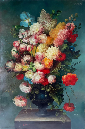 An Oil on Canvas Still of Floral and Vase Dew by Z.