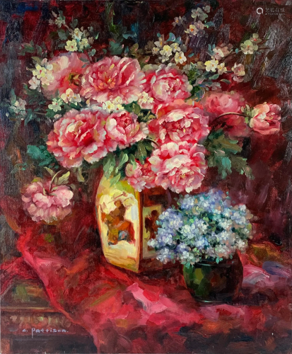 An Oil on Canvas Still of Floral and Vases by C.