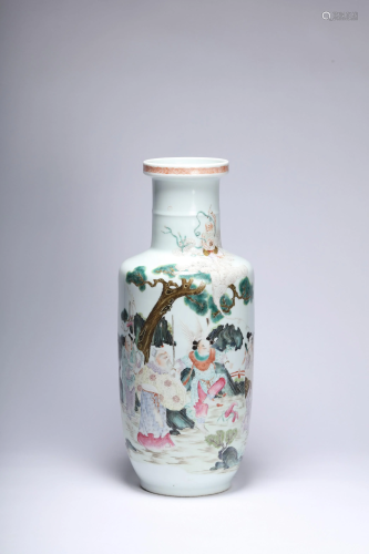 A Famille Verte Figural Rouleau Vase with Kangxi Mark