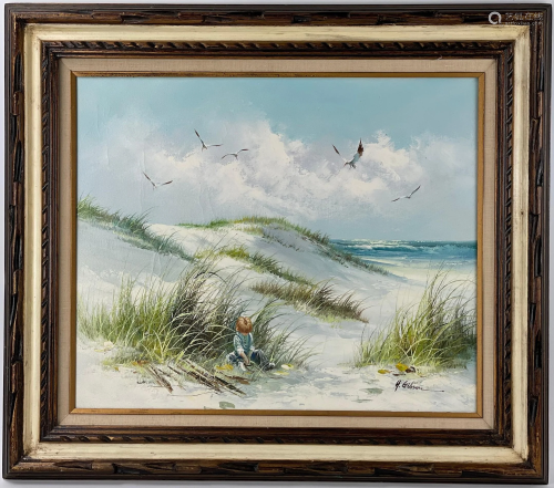 An Oil on Canvas of Boy on the Beach by H Gibson