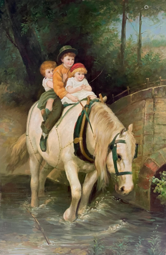 An Oil on Canvas of Siblings Horsing Around