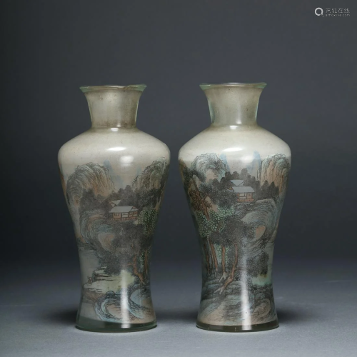 A Pair of Landscape Reverse Painted Peking Glass Vase