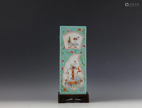 Chinese Turquoise Ground Square Vase with Wooden Base