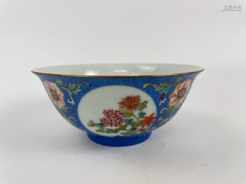 A Gilt Rim Blue Ground Floral Famille Rose Bowl with