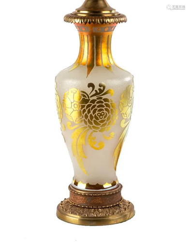 Steuben Alabaster and Gold Aurene Acid Cut-Back Lamp