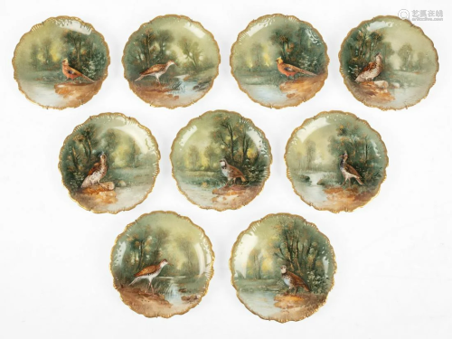 (9) Limoges Hand Painted Porcelain Plates with Birds