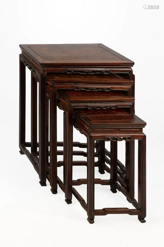 (4) Chinese Teak & Burl Nesting Tables