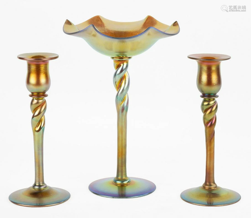 Steuben Gold Aurene Compote & Candlesticks