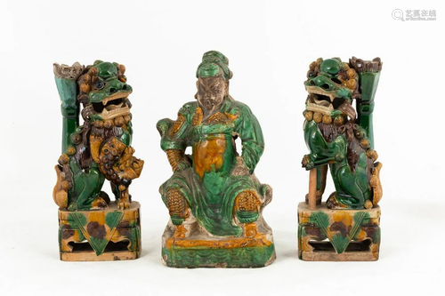 Chinese Sancai Glazed Foo Dogs & Warrior