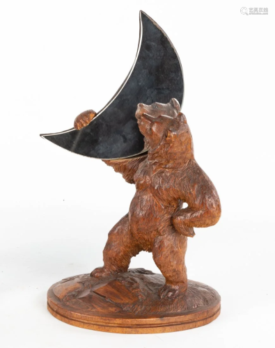 Black Forest Carved Wooden Bear with Crescent Mirror