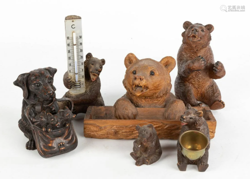 Group of Black Forest Carved Wood Thermometer, Inkwells