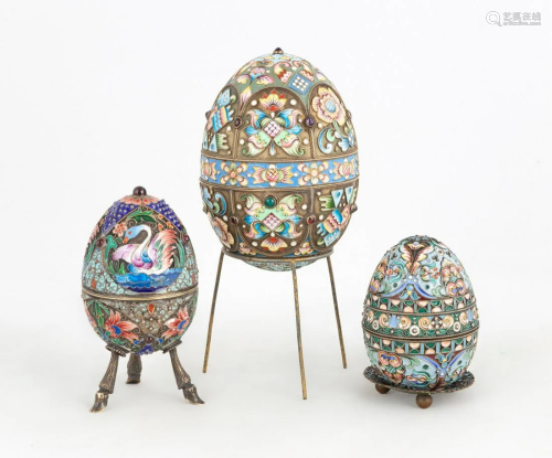 (3) Russian Enameled Silver Eggs