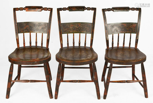 (3) New England, G. Brown Painted and Stenciled Chairs