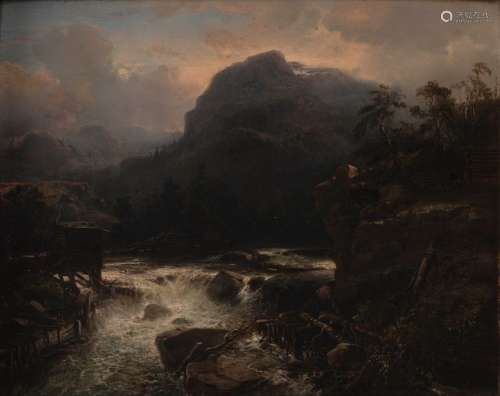Paysage montagneux avec ruisseau, 1854.Panneau (acajou).Sign...