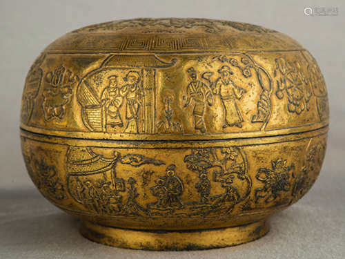 Chinese Gilt Bronze Cover Box, Story Motif