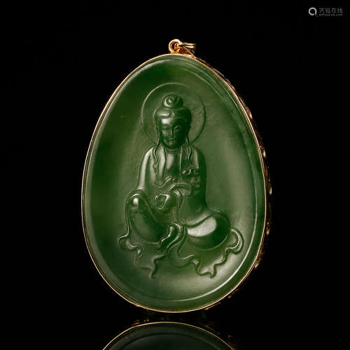 Chinese Spinach Jade Guanyin Pendant