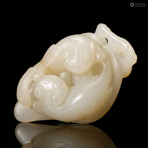 Chinese White Jade Carved Two Cats