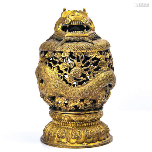 Chinese Gilt Bronze Dragon Censer