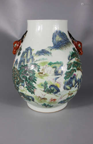 Chinese Famille Rose Deer Porcelain Vase