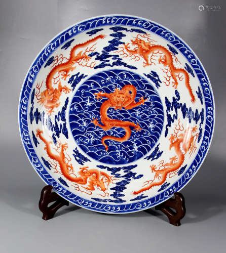 Chinese Blue White Dragon Porcelain Charger