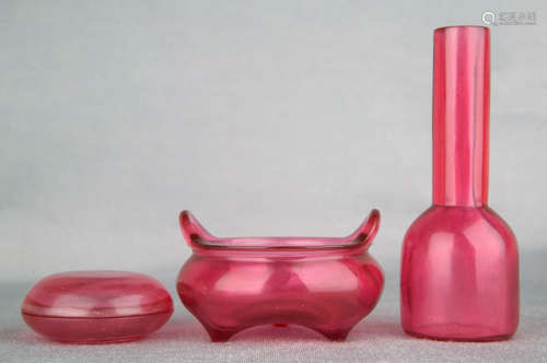 Chinese Peking Glass Vase, Censer, And Ink Box