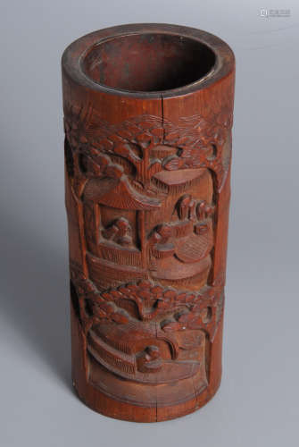 清代銅胎竹雕筒瓶