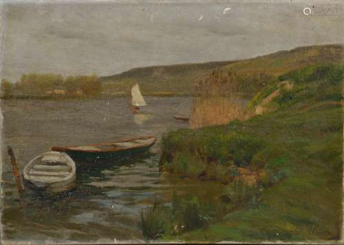 Albert Charles WALLET (1852 - 1918) ?Paysage aux barques.Hui...