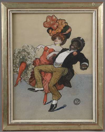 École française vers 1900.Danseurs de cabaret.Gouache sur pa...