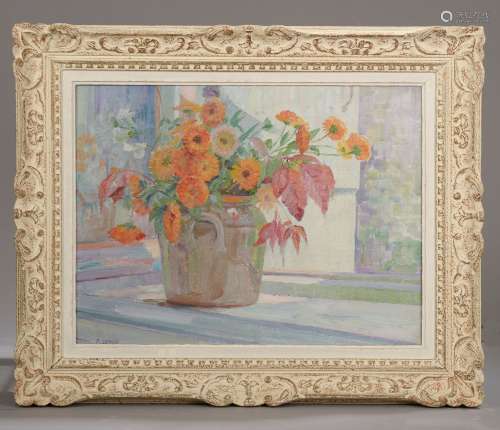 Pierre LEPAGE.Bouquet de fleurs orange.Huile sur toile signé...