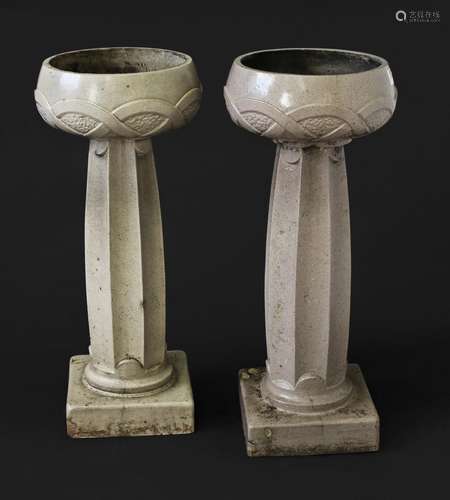 PAIR OF ARTS & CRAFTS STONEWARE JARDINIERES & STANDS probabl...