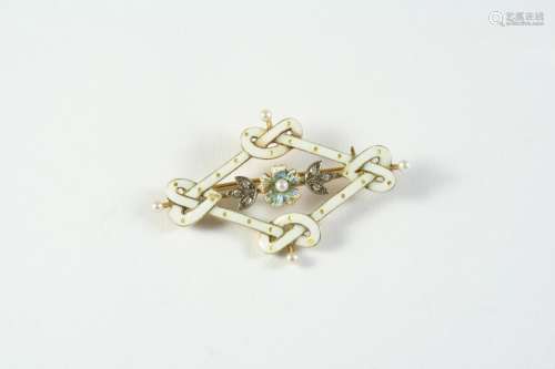 AN ENAMEL, DIAMOND AND PEARL BROOCH the central enamel flowe...