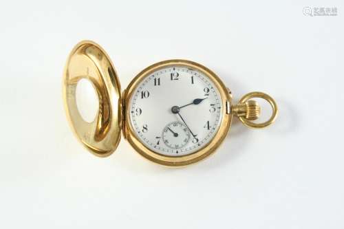 AN 18CT GOLD HALF HUNTING CASED FOB WATCH the white enamel d...