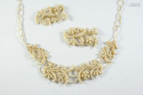 A VICTORIAN CASED SEED PEARL NECKLACE of foliate form, 46cm ...