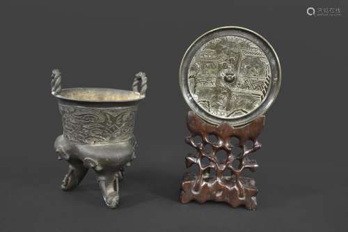 CHINESE BRONZE DING a bronze ding with two twisted handles t...